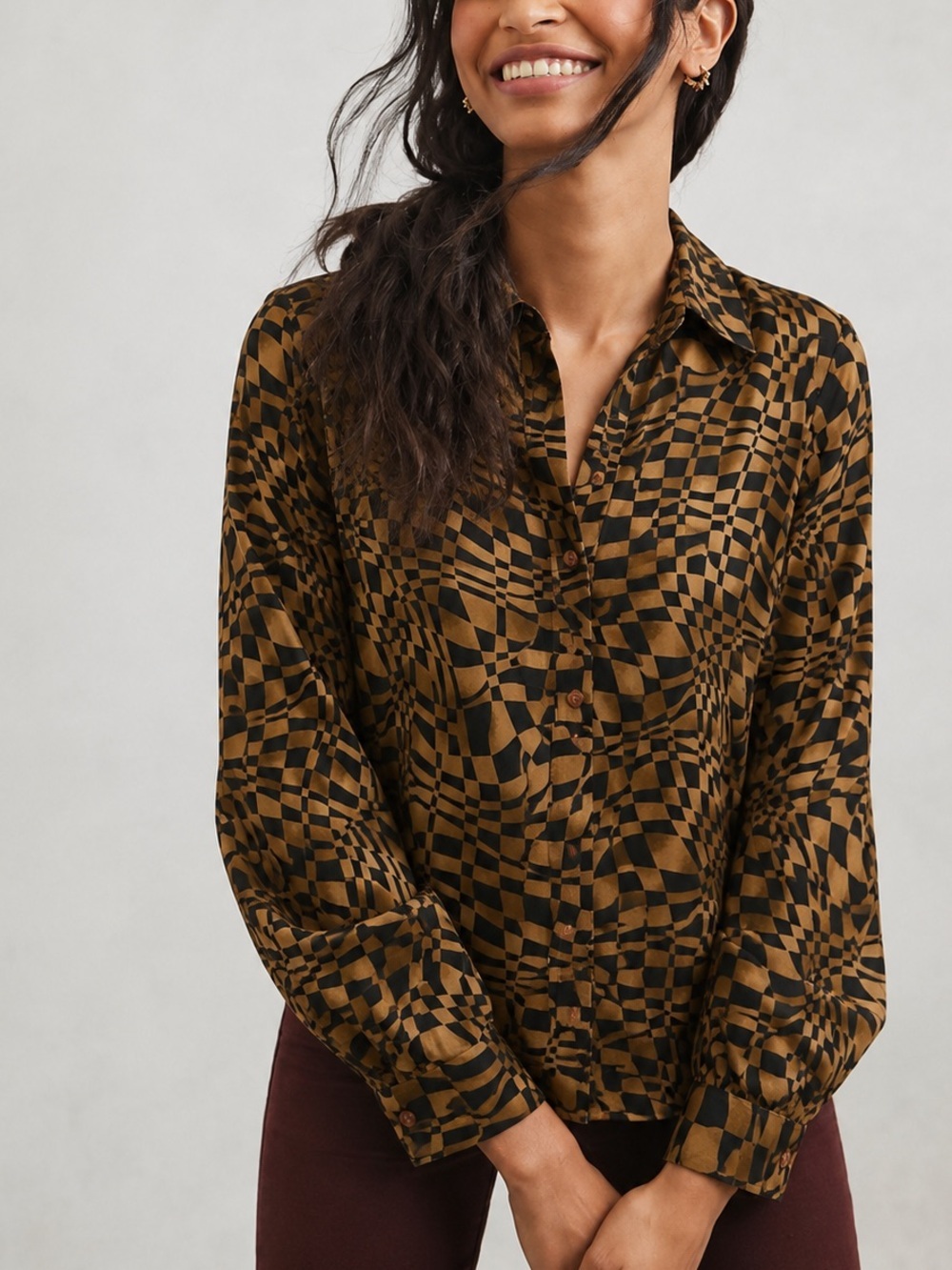 Piano Vintage 100% Silk Abstract Geometric Button Down Blouse Brown Black S